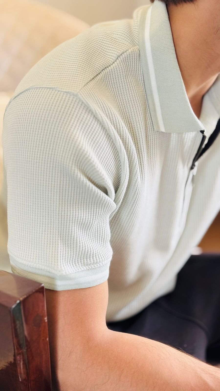 Ice Blue Waffle Zipper Polo