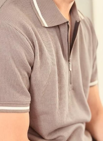 Smoke Grey Waffle Zipper Polo