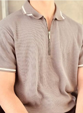 Smoke Grey Waffle Zipper Polo
